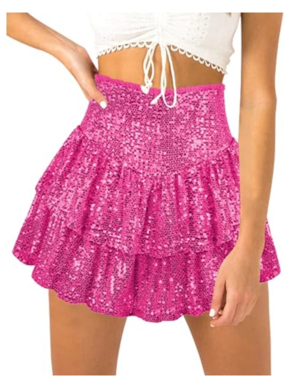 High Waist Sequin Skirt for Women Layered Ruffle Mini Skirt with Built-in